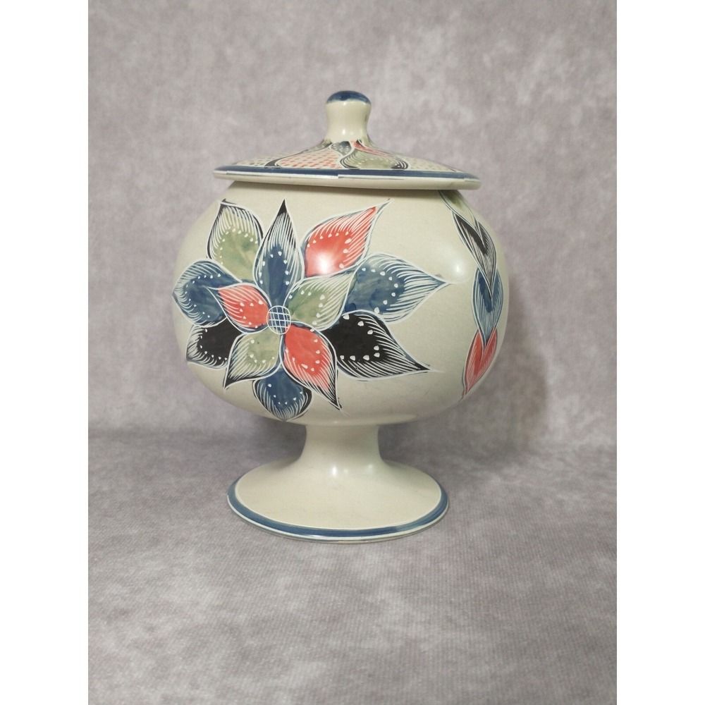Pedestal Soapstone Jar With Lid Hand Painted and Carved Floral Design - Picture 3 of 10
